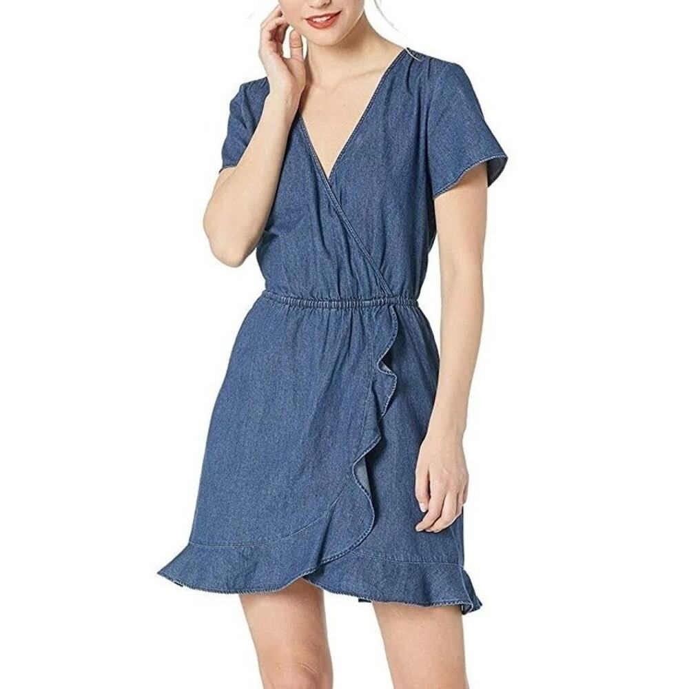 J. Crew Womens Chambray Surplice Mini Dress Size S Ruffle Hem Preppy Cottagecore